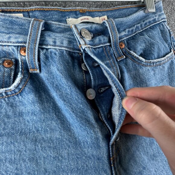 Levis Premium Big E Jeans Women 24 Wedgie Denim Button Fly Distressed Denim - Picture 4 of 16